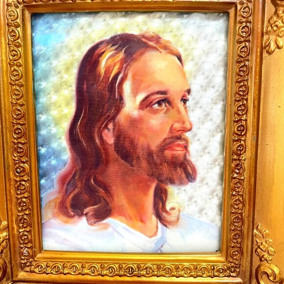 Vintage Jesus Portrait In Ornate Gold Frame With Textured Background 8" X 6" Rel - Picture 3 of 11